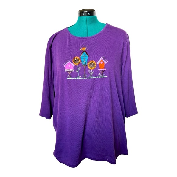 CJ Banks Purple 3/4 Sleeve Tee with Embroidered Birdhouse Design - Picture 1 of 8